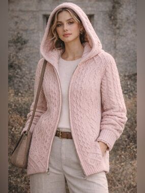 Aran Crafts Irish Wool Zip Cardigan XS Pink Hooded Cable Knit Cozy Core Classic